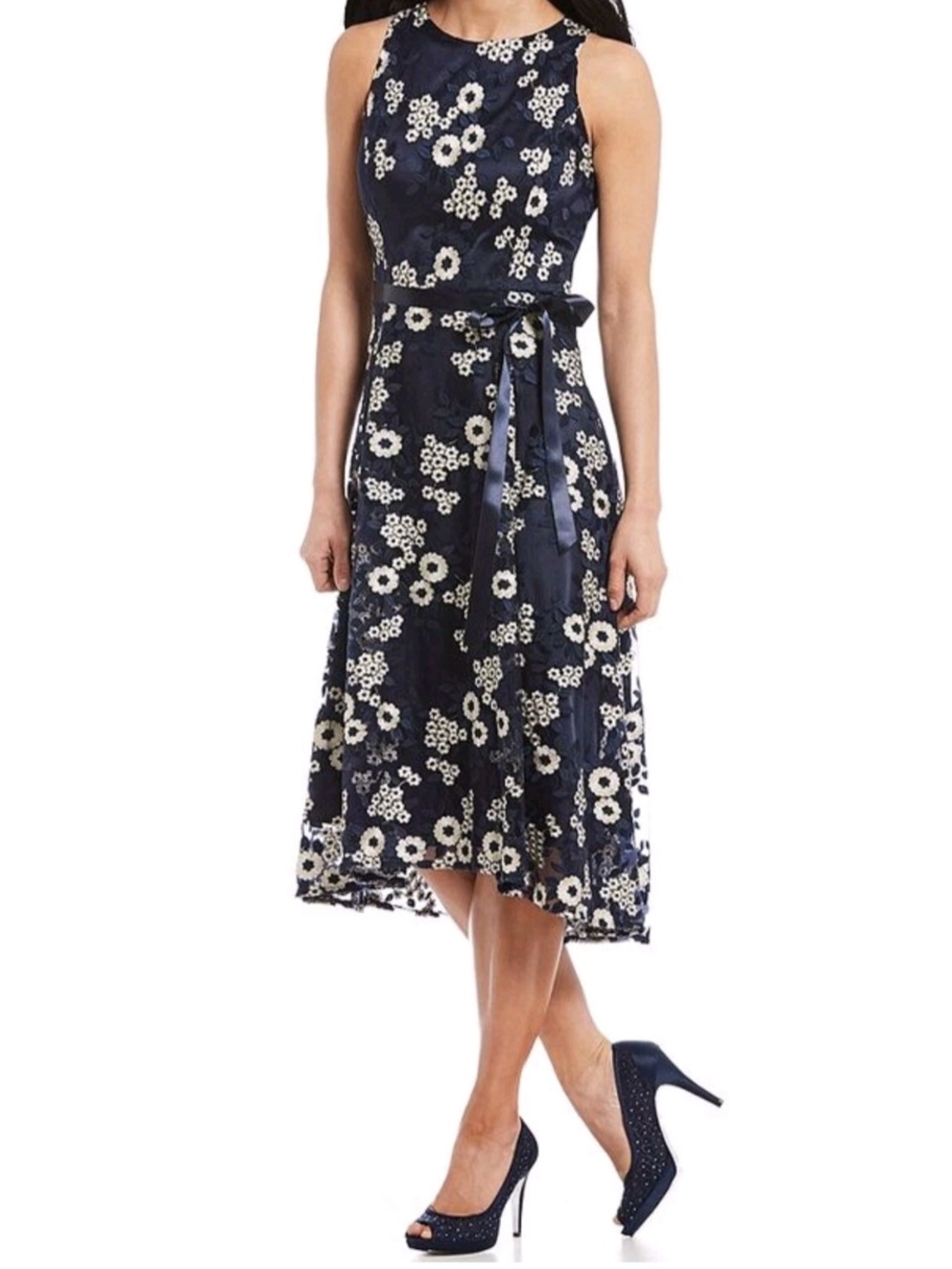Tahari Arthur S. Levine Floral Lace Navy Midi Dress